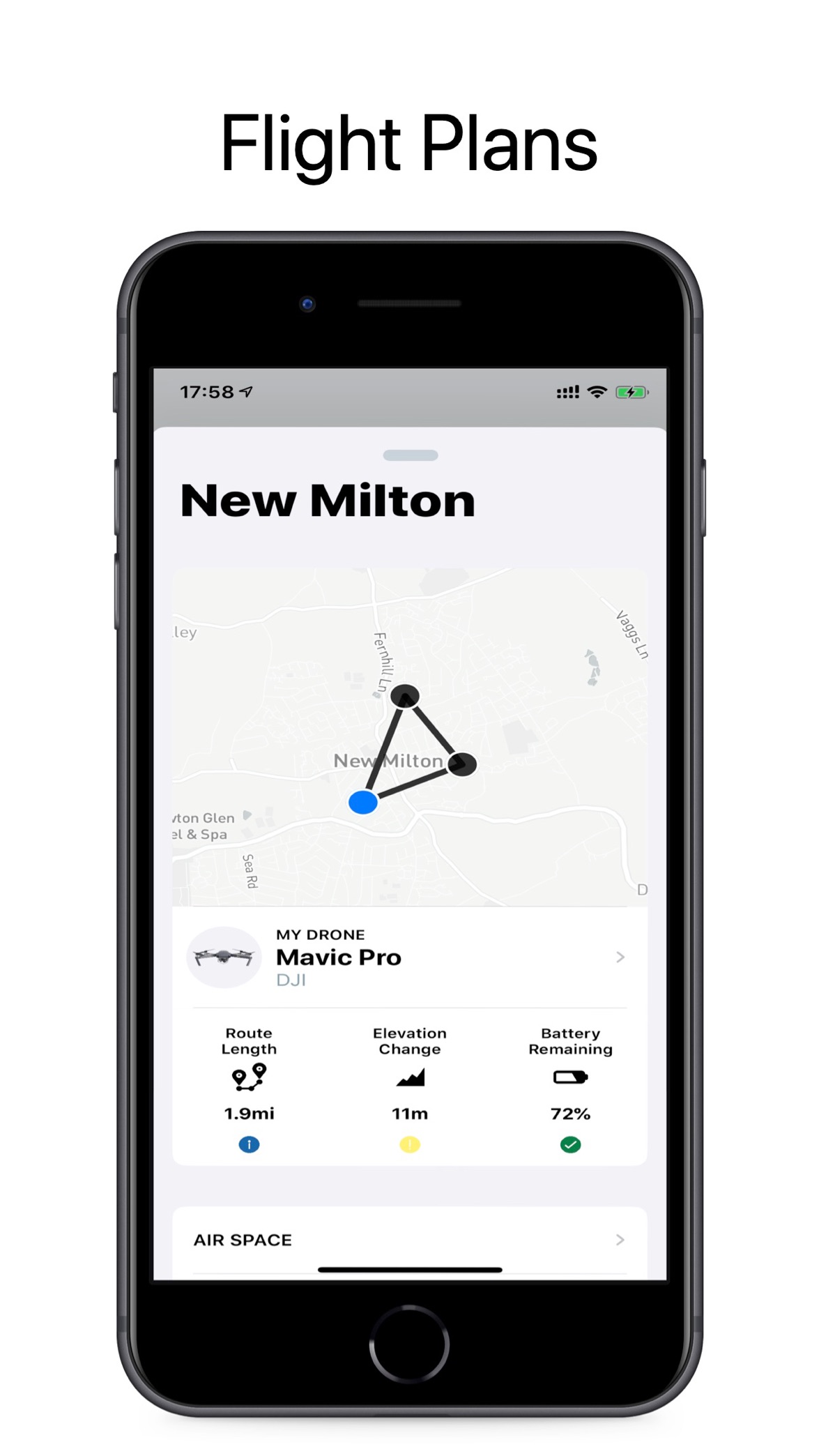 Flight plan on a map with route length, elevation change and battery remaining for a DJI Mavic Pro