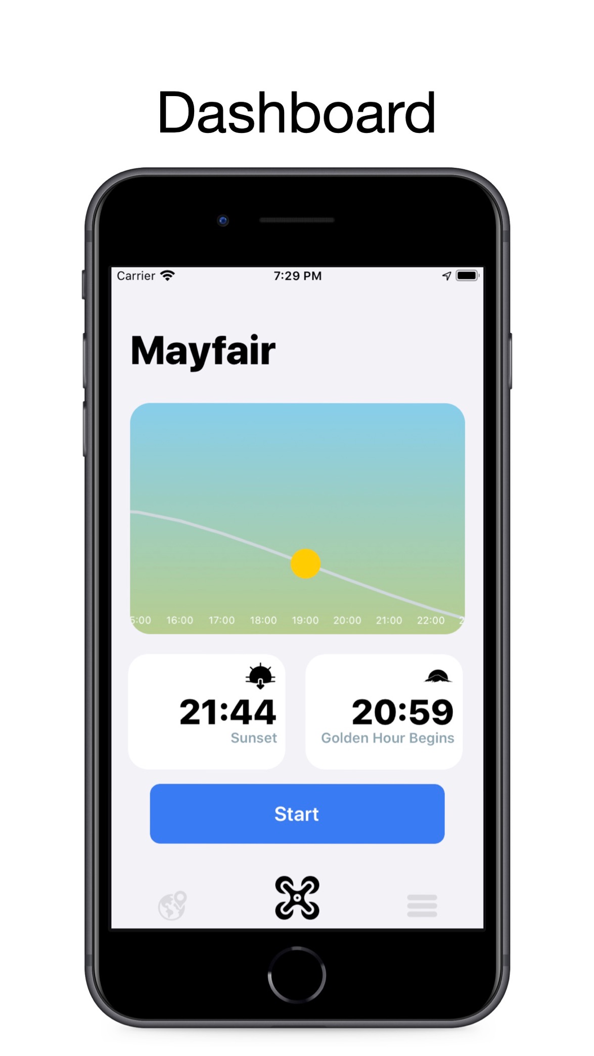 Dashboard with sunset and golden-hour times and a Start button